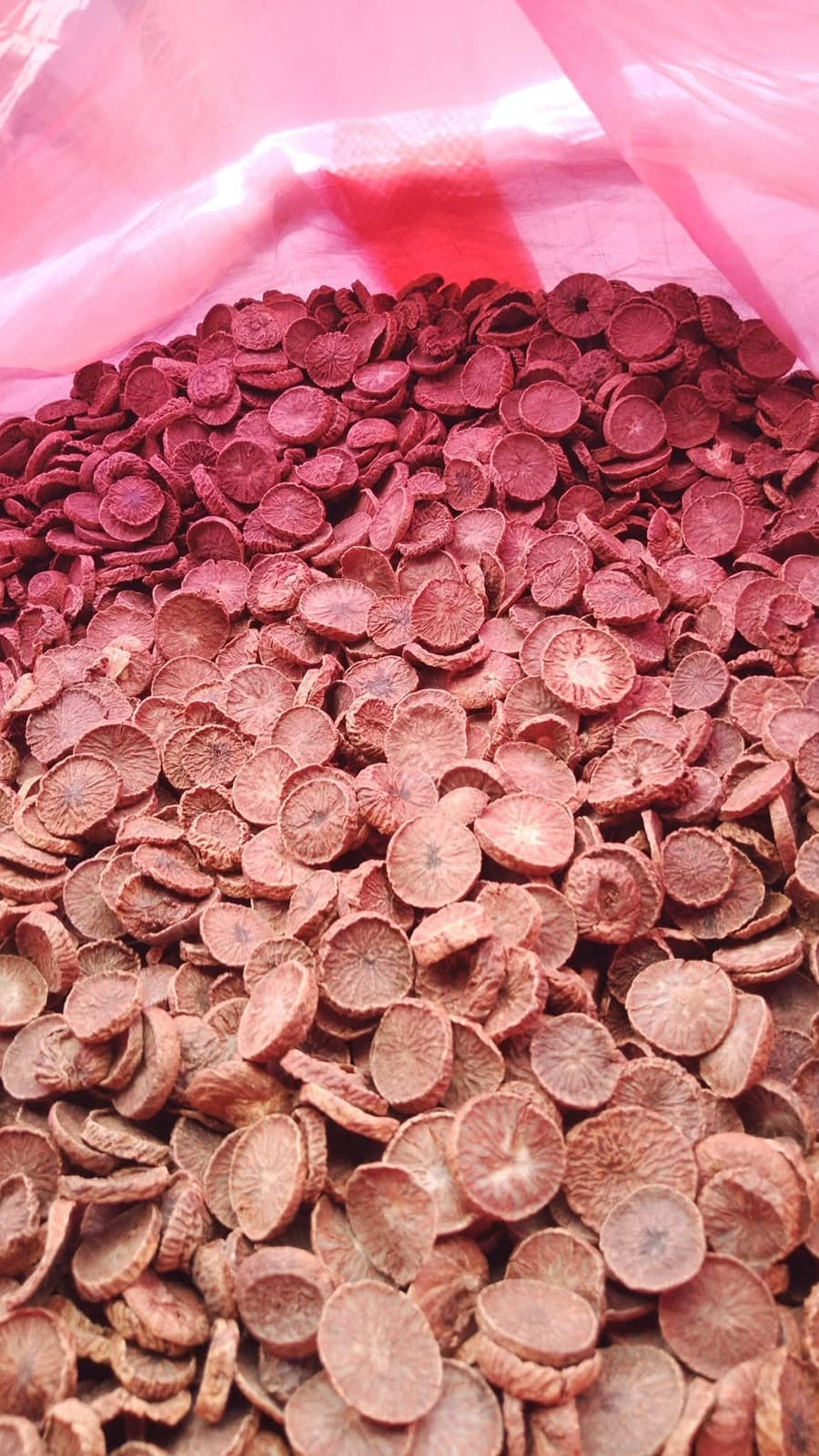 Bulk dried areca nut slices prepared for grading